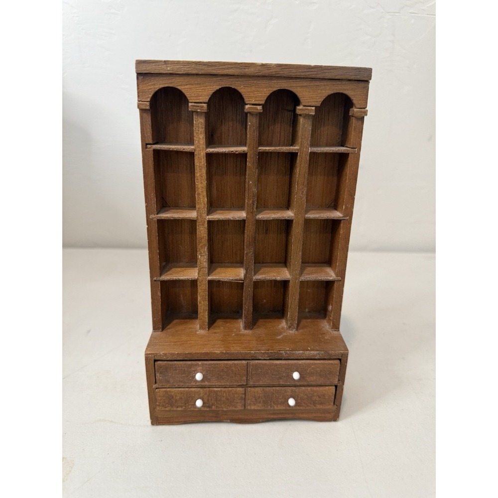 VTG Wooden 8" Miniature Cabinet Display Shelf Curio Case 16 Sp 2 Drawers Enesco
